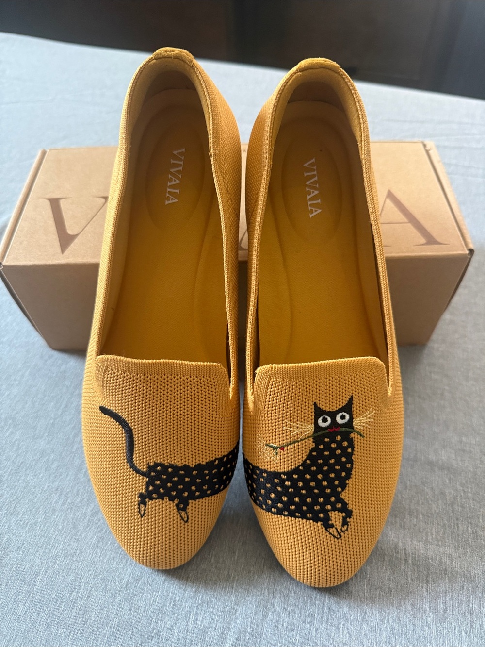 Vivaia Mustard Yellow Cat Embroidered Slip-On Loafers